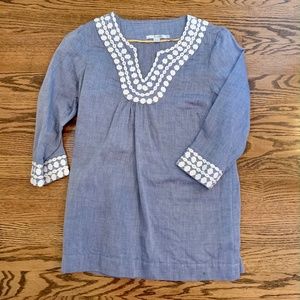 Boden 3/4 Sleeve Blue Embroidered Chambray Tunic Shirt US10